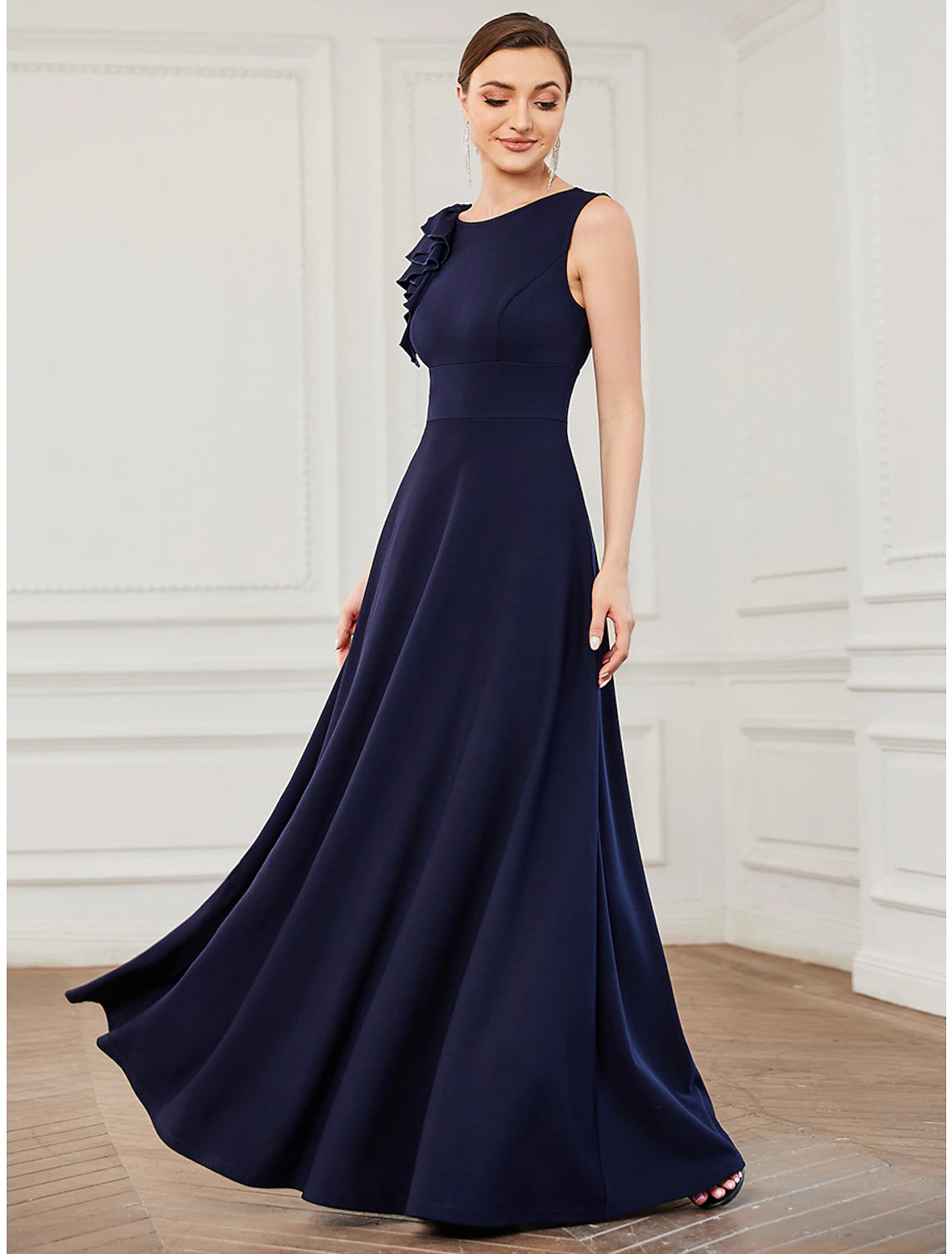 A-Linien-Abendkleid in Übergröße, formelles Hochzeitsgastkleid, bodenlang, ärmellos, mit Rundhalsausschnitt, Brautjungfernkleid aus Polyester mit drapierten Applikationen, reine Farbe